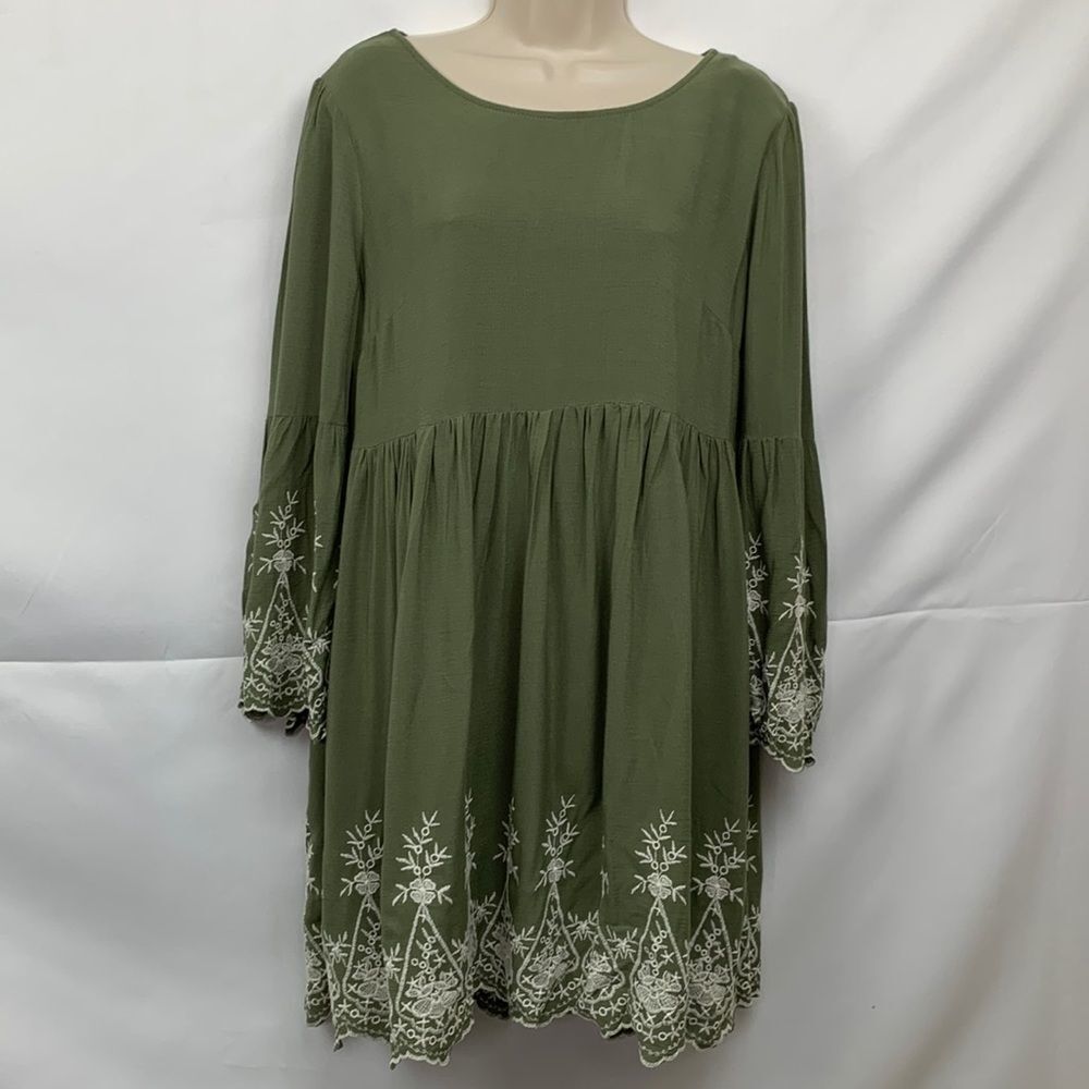 Blue Rain Green bell sleeve embroidered babydoll dress